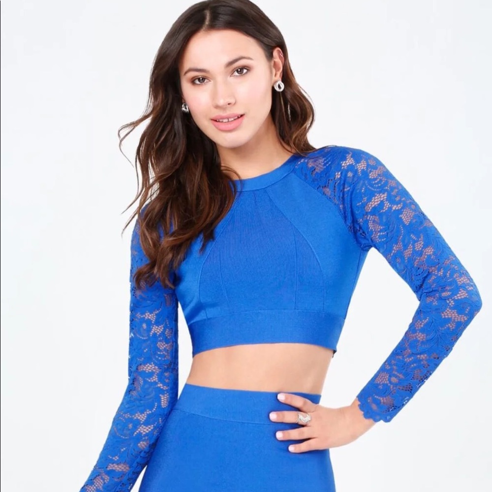 NWT BEBE NAVEN STRETCH BLUE BANDAGE SEXY TOP M